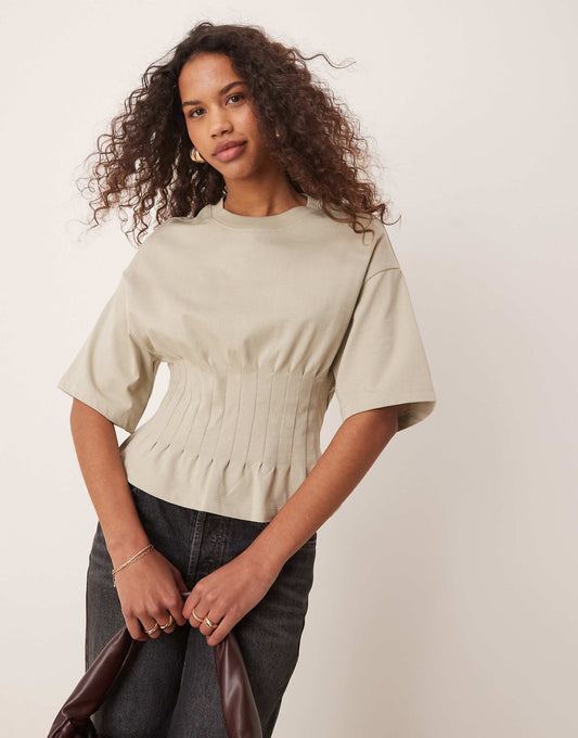 Short Sleeve Corset Pleated T-Shirt