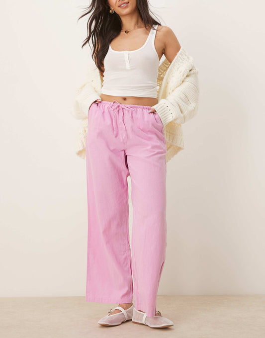 Wide Leg Linen Blend Trousers With Drawstring Waist