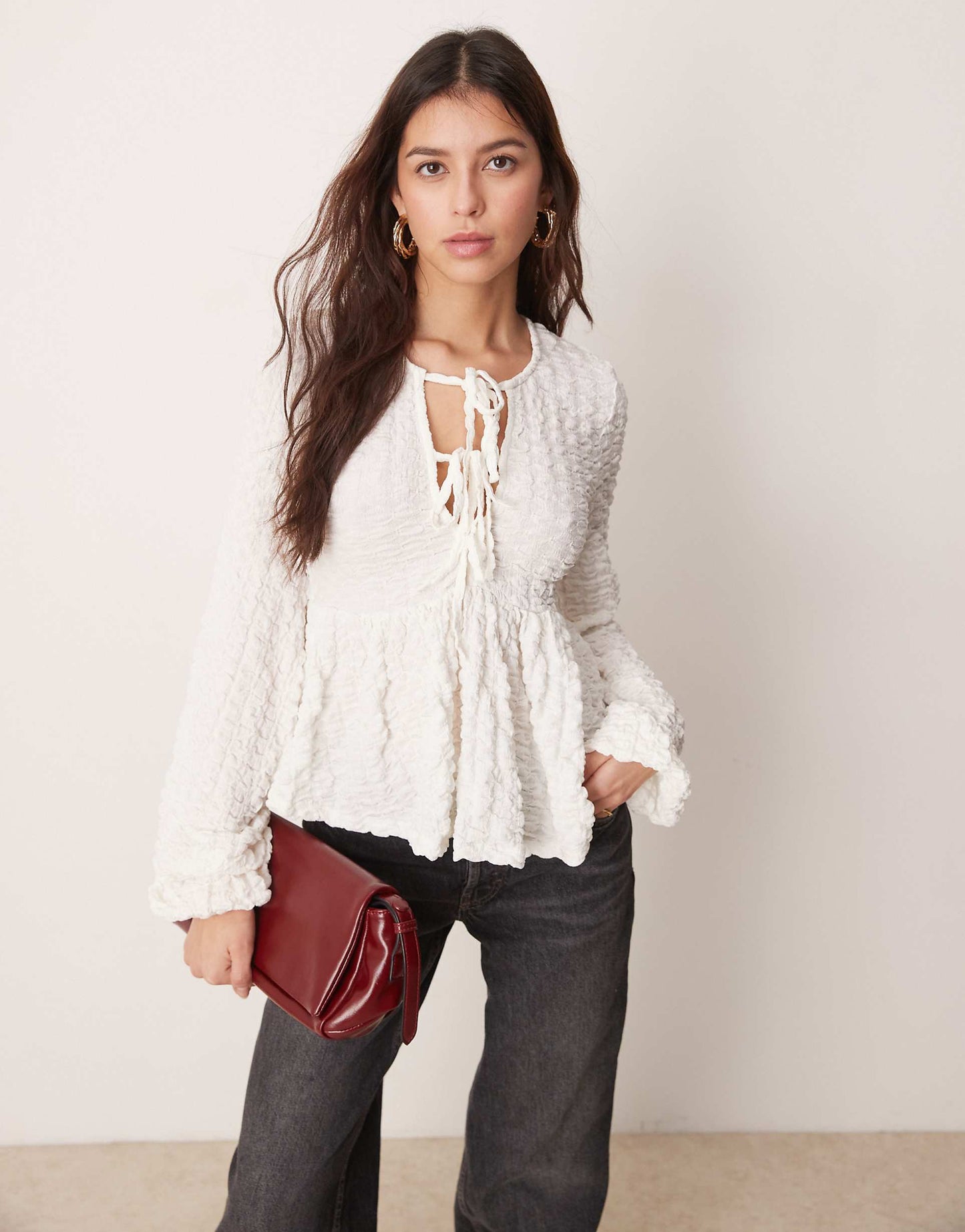 Textured Long Sleeve Top With Tie Front Floaty Hem