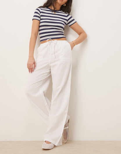 Wide Leg Linen Blend Trousers With Drawstring Waist