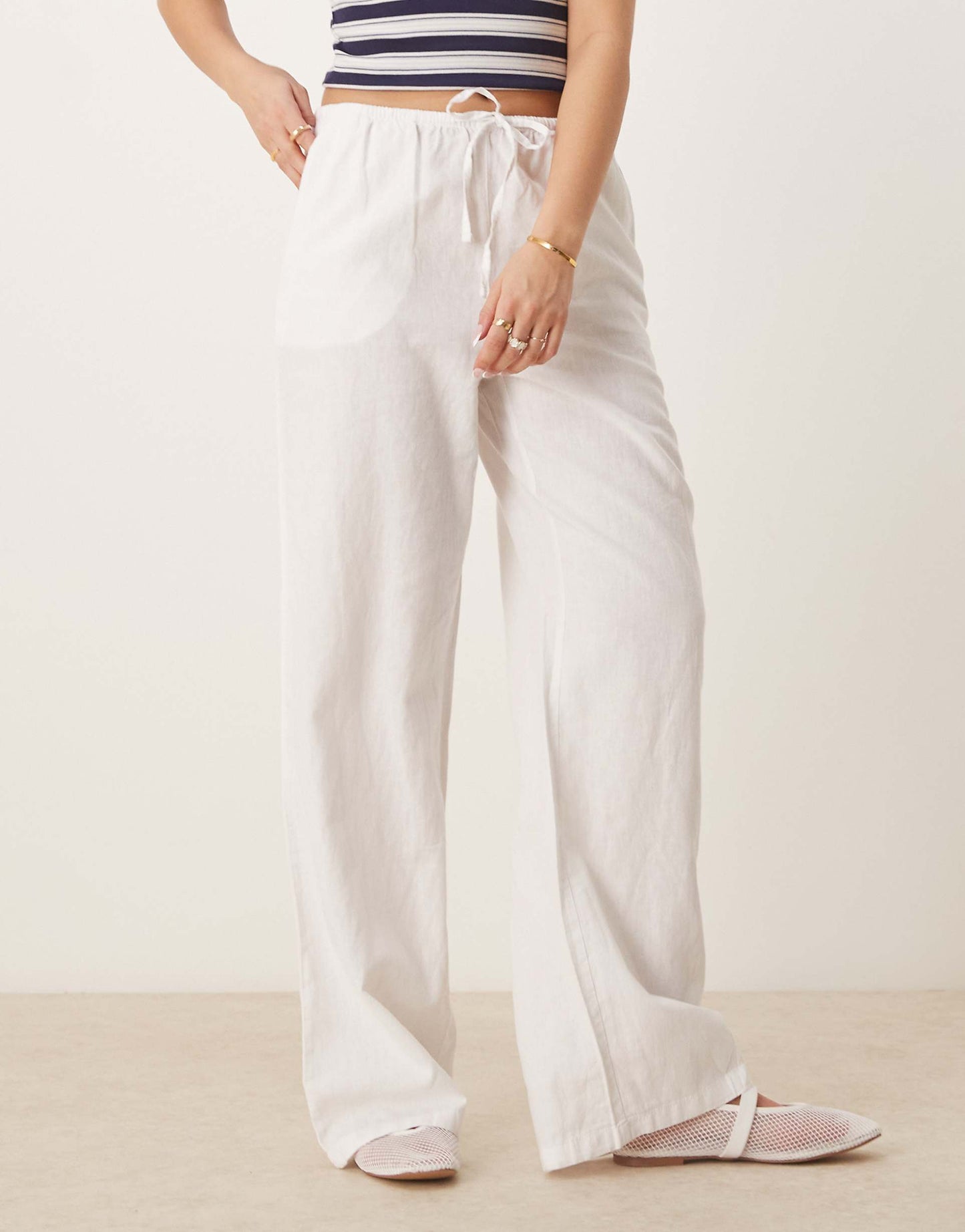 Wide Leg Linen Blend Trousers With Drawstring Waist