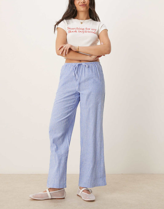 Wide Leg Linen Blend Trousers With Drawstring Waist