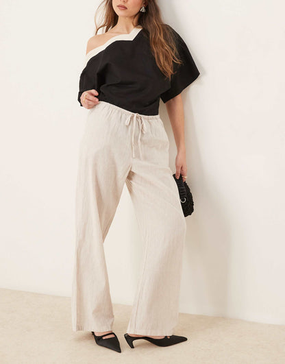 Wide Leg Linen Blend Trousers With Drawstring Waist