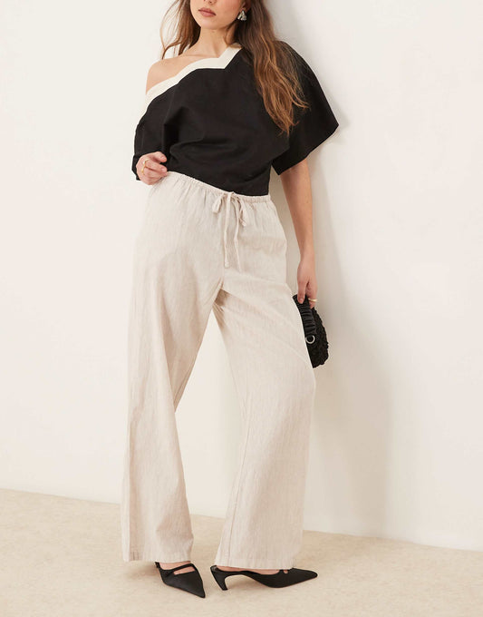 Wide Leg Linen Blend Trousers With Drawstring Waist