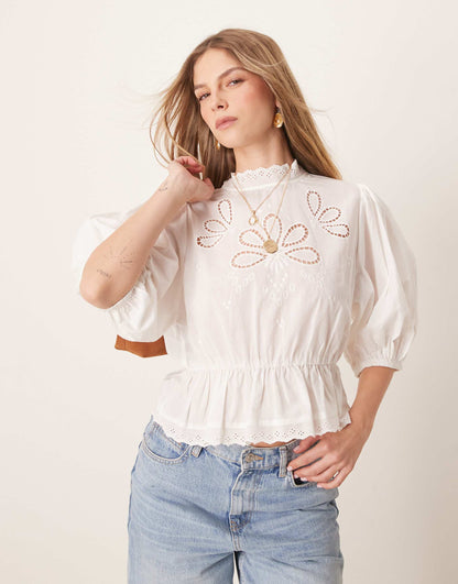 Puff Sleeve Blouse Top With Embroidered Cutwork Front Bodice Detail