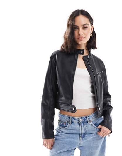 Faux Leather Collarless Faux Leather Jacket