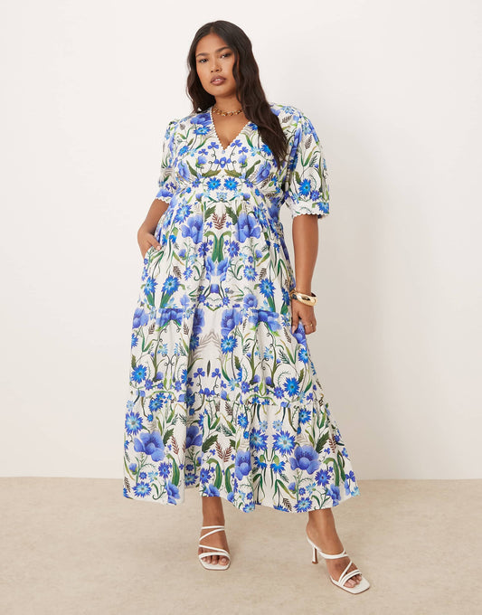 Plus V-Neck Puff Sleeve Midi Smock Dress