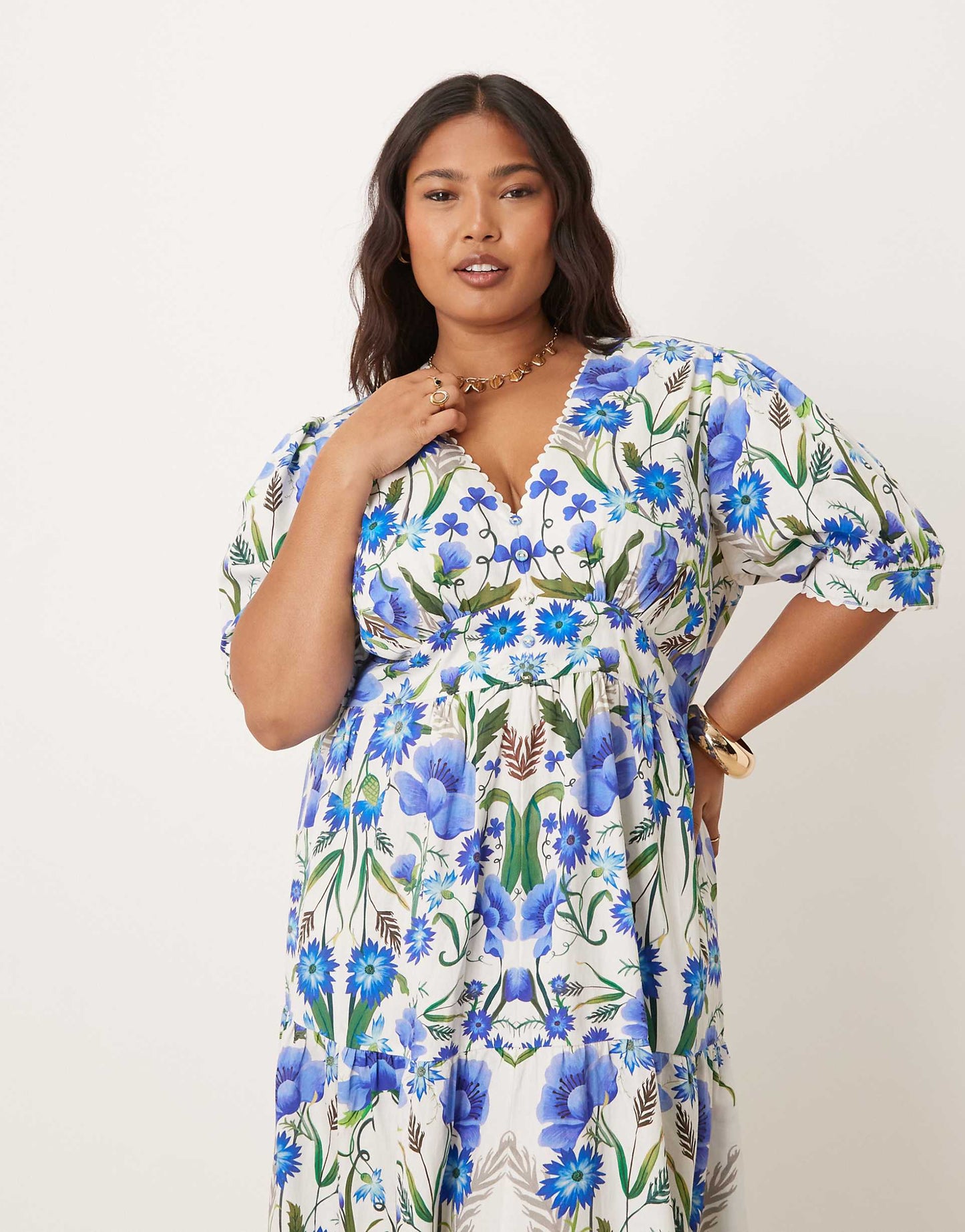 Plus V-Neck Puff Sleeve Midi Smock Dress