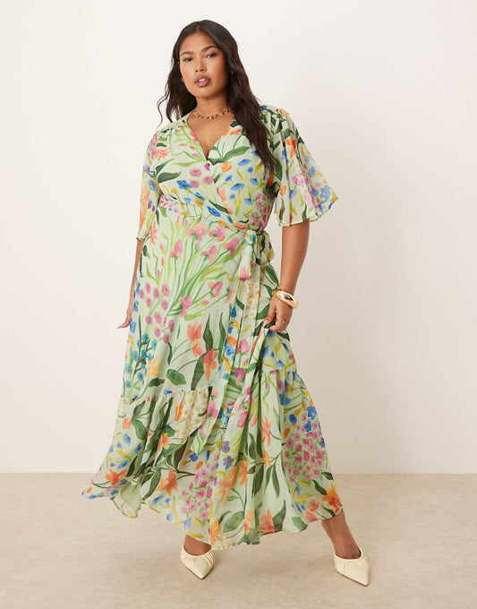 Plus Frill Sleeve Maxi Wrap Dress With Tie Waist