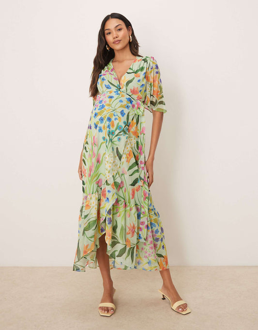 Maternity Frill Sleeve Maxi Wrap Dress With Tie Waist