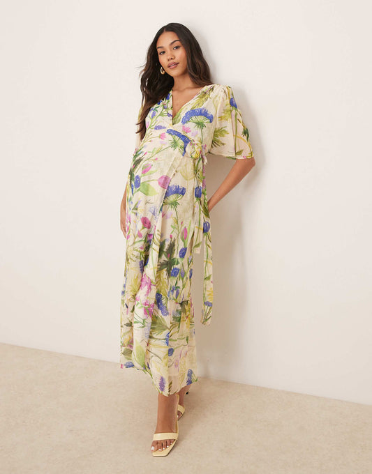 Maternity Frill Sleeve Maxi Wrap Dress With Tie Waist