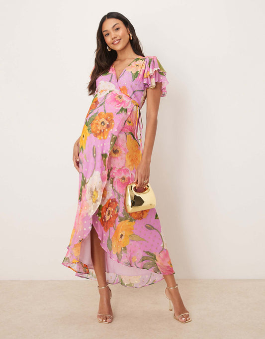 Maternity Frill Sleeve Maxi Wrap Dress With Tie Waist