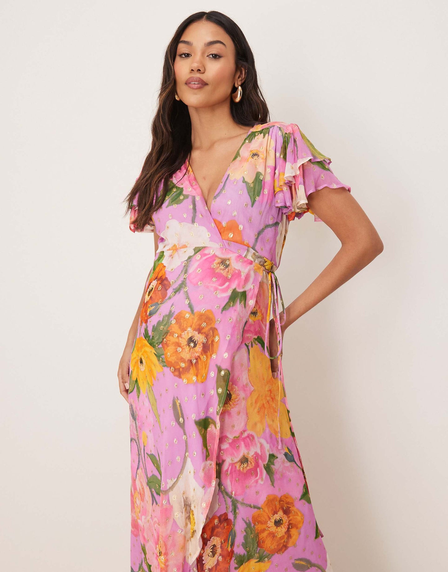 Maternity Frill Sleeve Maxi Wrap Dress With Tie Waist