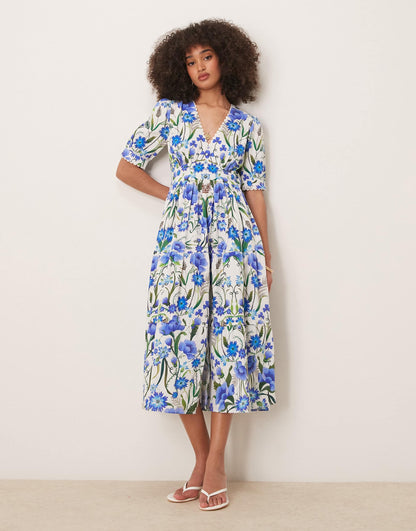 V-Neck Puff Sleeve Midi Smock Dress