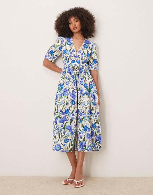 V-Neck Puff Sleeve Midi Smock Dress