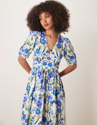 V-Neck Puff Sleeve Midi Smock Dress