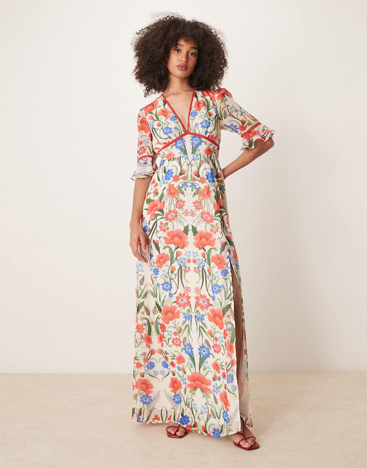 Frill Sleeve Thigh Split Open Back Maxi Dress