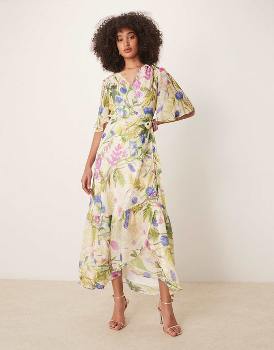Frill Sleeve Maxi Wrap Dress With Tie Waist
