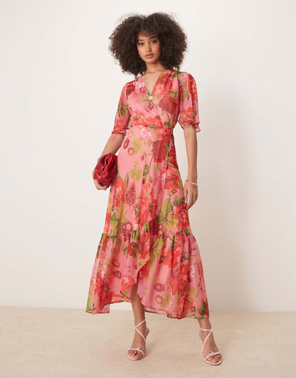 Flutter Sleeve Maxi Wrap Dress With Tie Waist