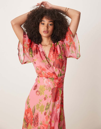 Flutter Sleeve Maxi Wrap Dress With Tie Waist