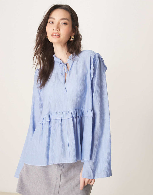 Smock Top With Tie Neck And Frill Detail