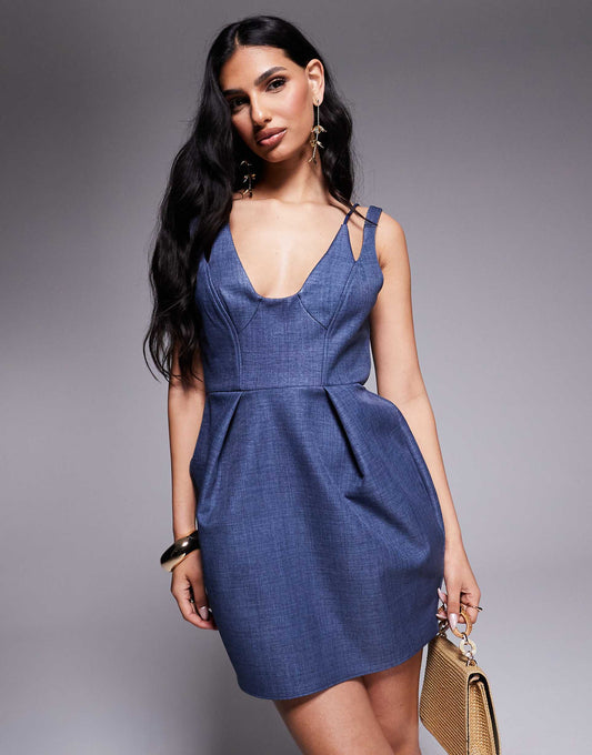 Structured Tulip Hem Mini Dress With Stitch Detail