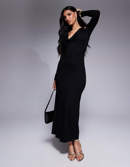 Cowl Neck Long Sleeve Midi Dress With Cut Outs