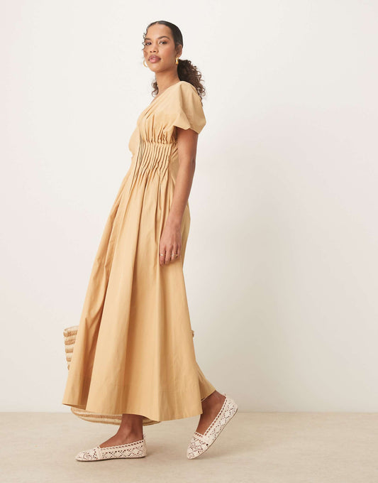 V Neck Short Sleeve Midi Dress With Narrow Pintucks