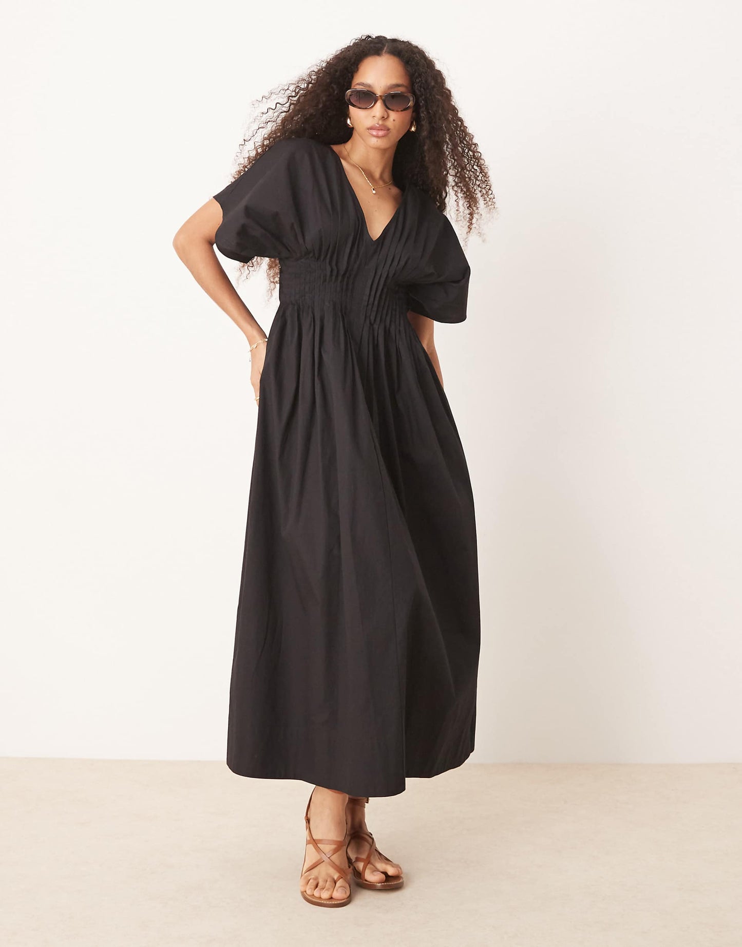 V Neck Short Sleeve Midi Dress With Narrow Pintucks