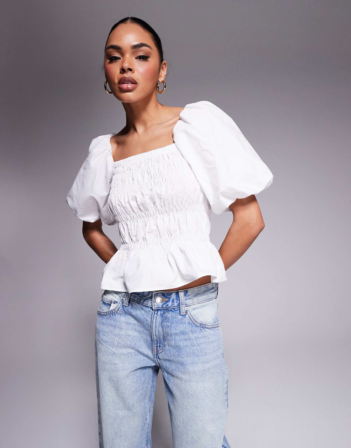 Short Sleeve Textured Shirred Top