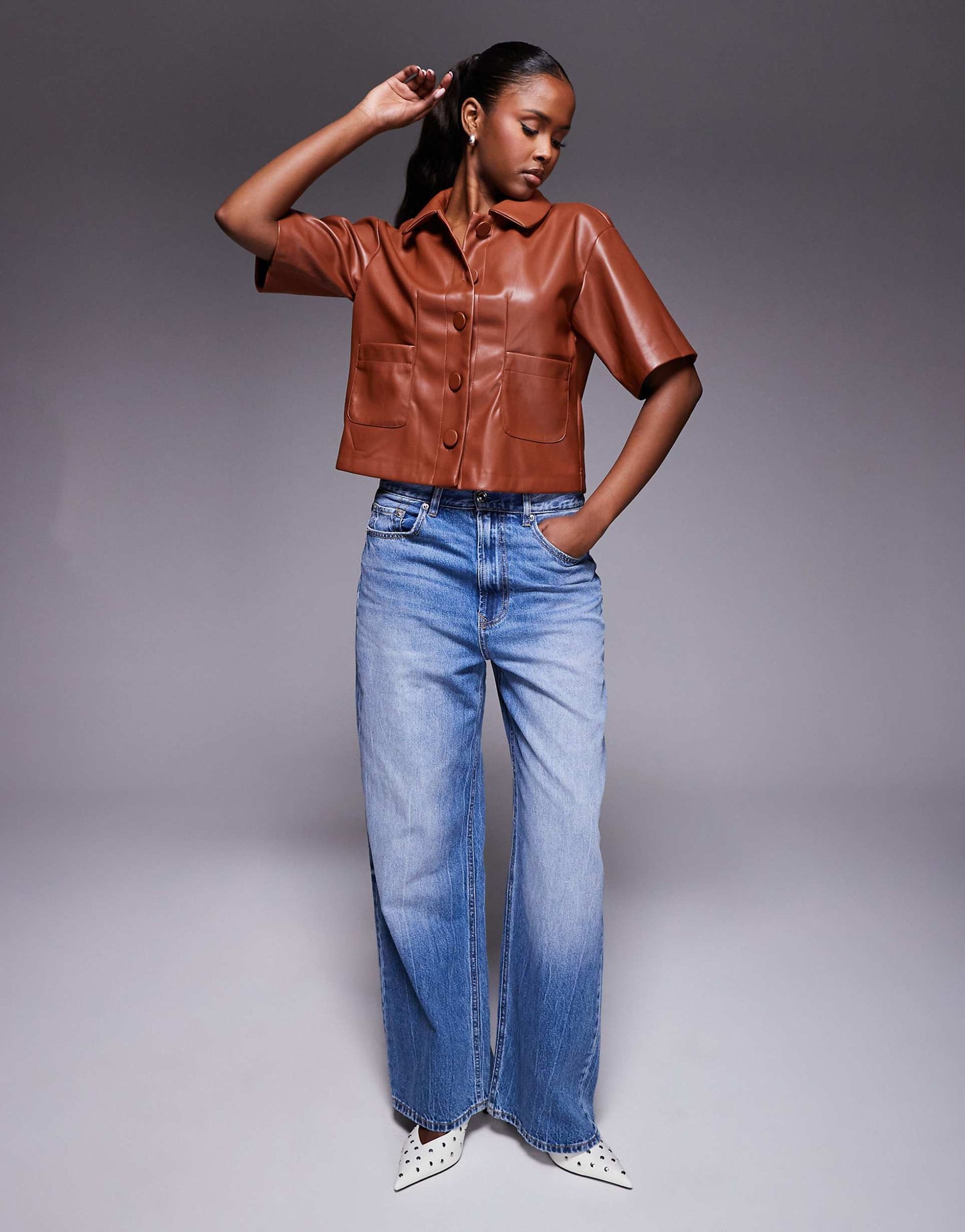 Faux Leather Short Sleeve Shirt