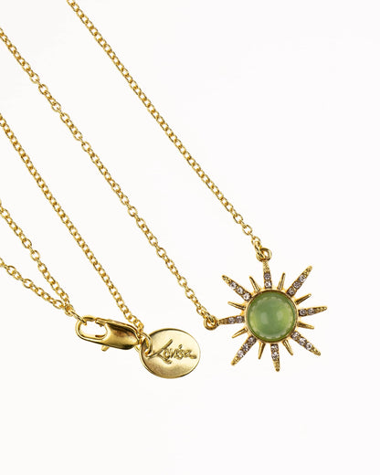 Gold Plated Diamante Semi Precious Jade Sun Necklace