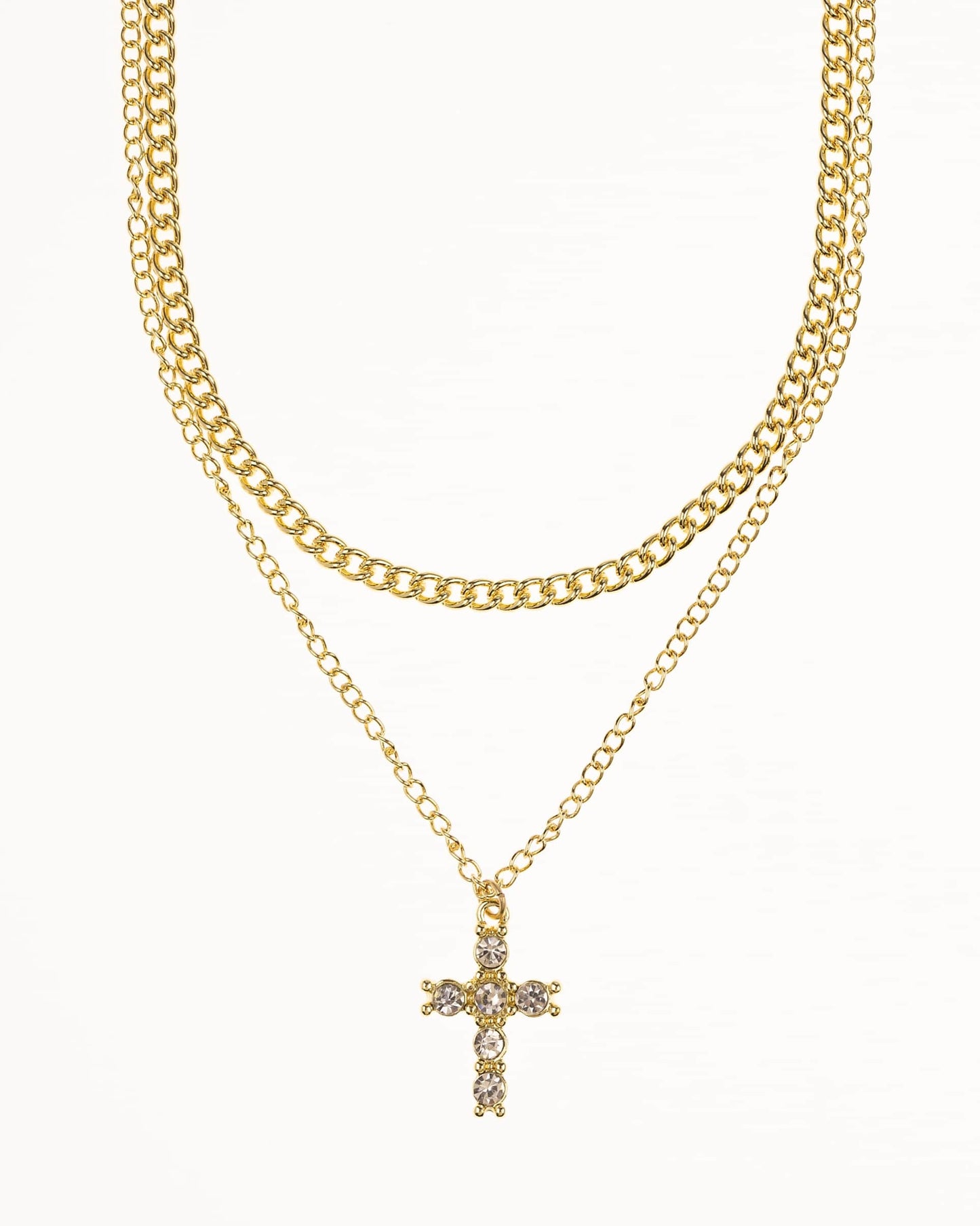 Gold Plated Diamante Cross Layered Cross Pendant Necklace