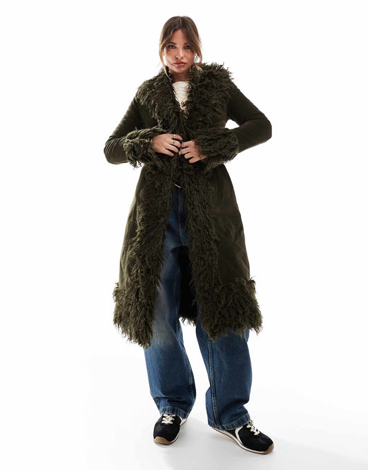 Faux Fur Lined Longline Afghan Coat