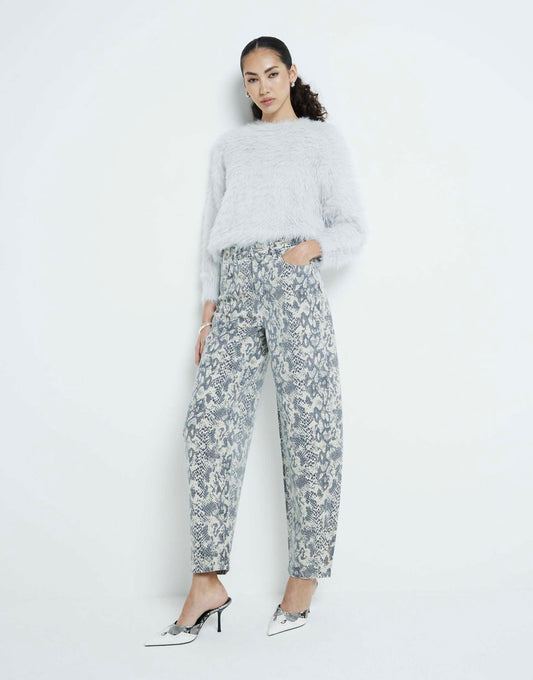 Denim Seamed Snake Print Barrel Jeans