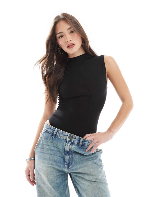 Pleated Shoulder Sleeveless Bodysuit Black