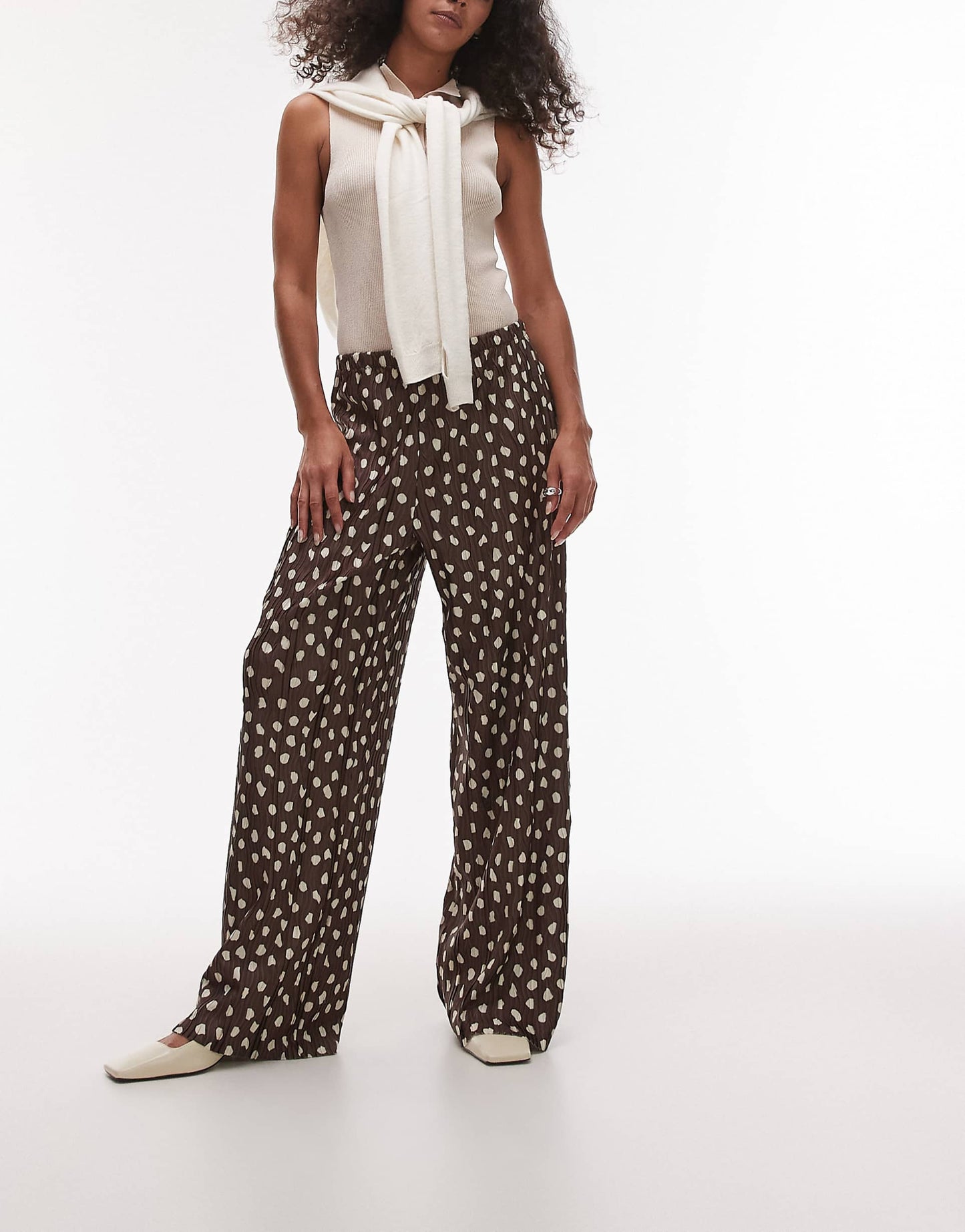 Polka Dot Plisse Wide Leg Trousers