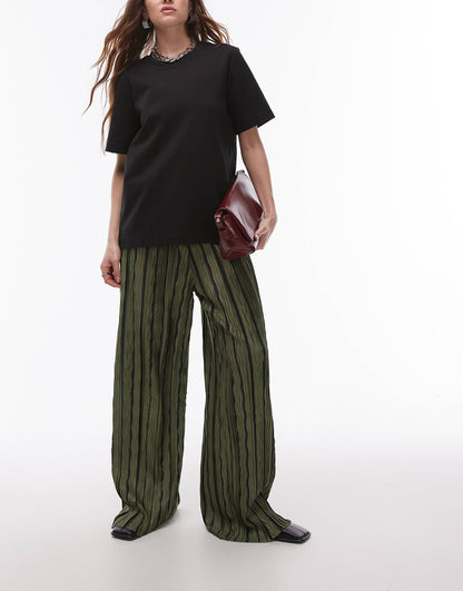 Stripe Plisse Wide Leg Trousers