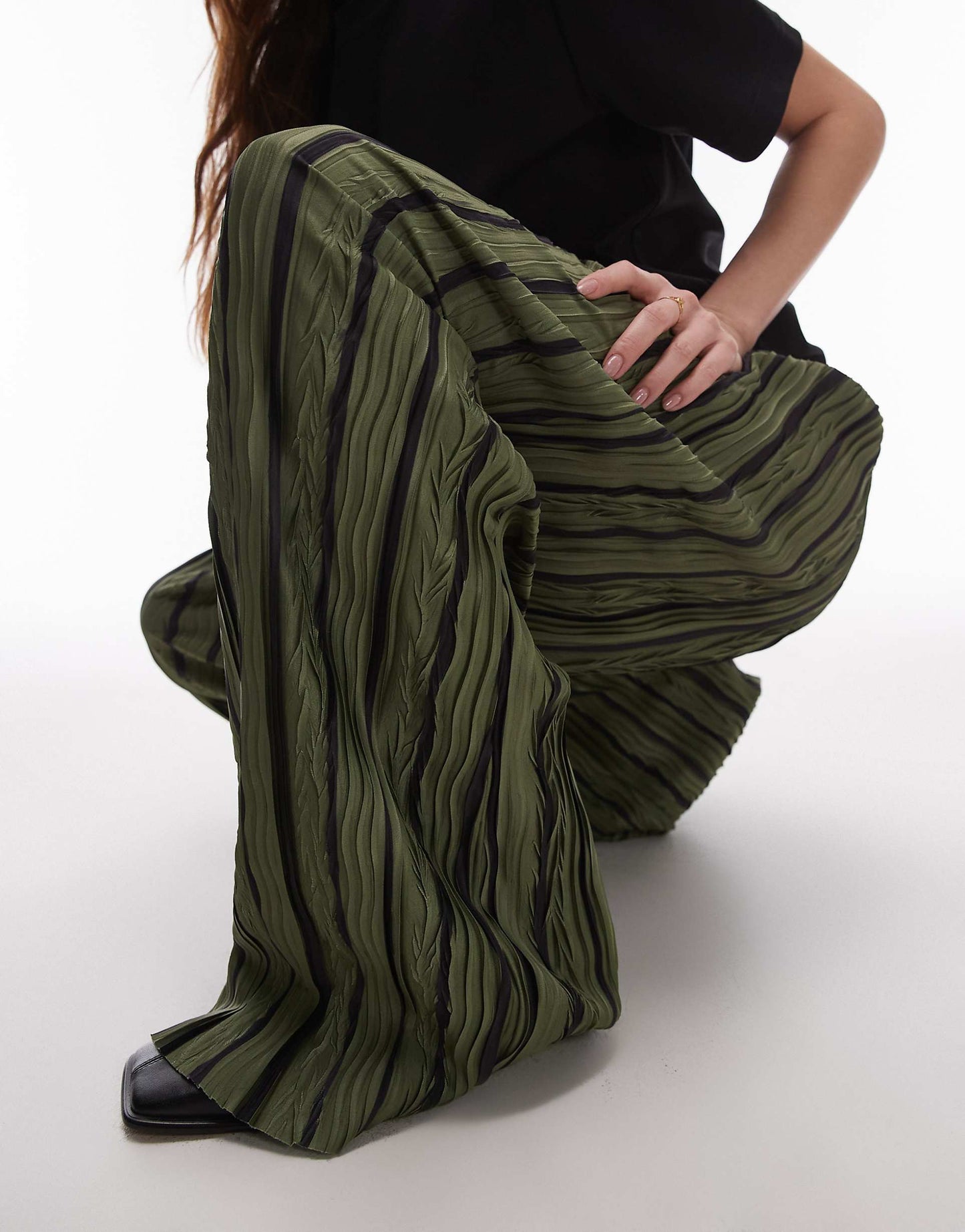 Stripe Plisse Wide Leg Trousers