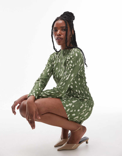 Animal Print Long Sleeve Plisse Mini Dress