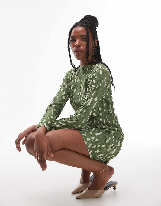 Animal Print Long Sleeve Plisse Mini Dress