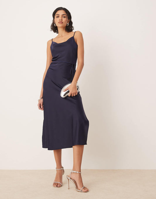 Satin Midi Cami Dress With Tie Waist