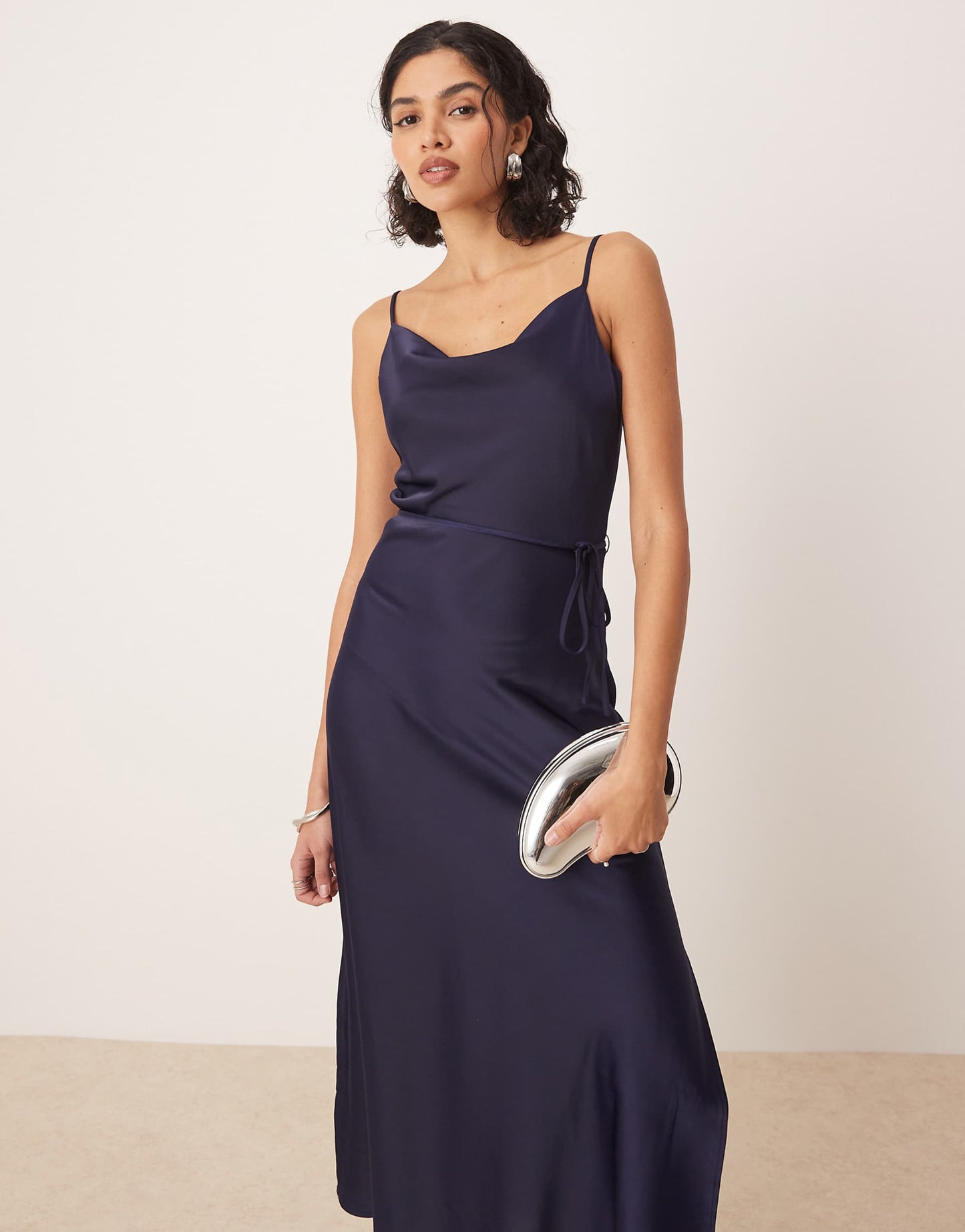 Satin Midi Cami Dress With Tie Waist