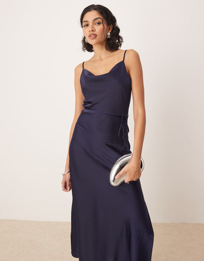 Satin Midi Cami Dress With Tie Waist