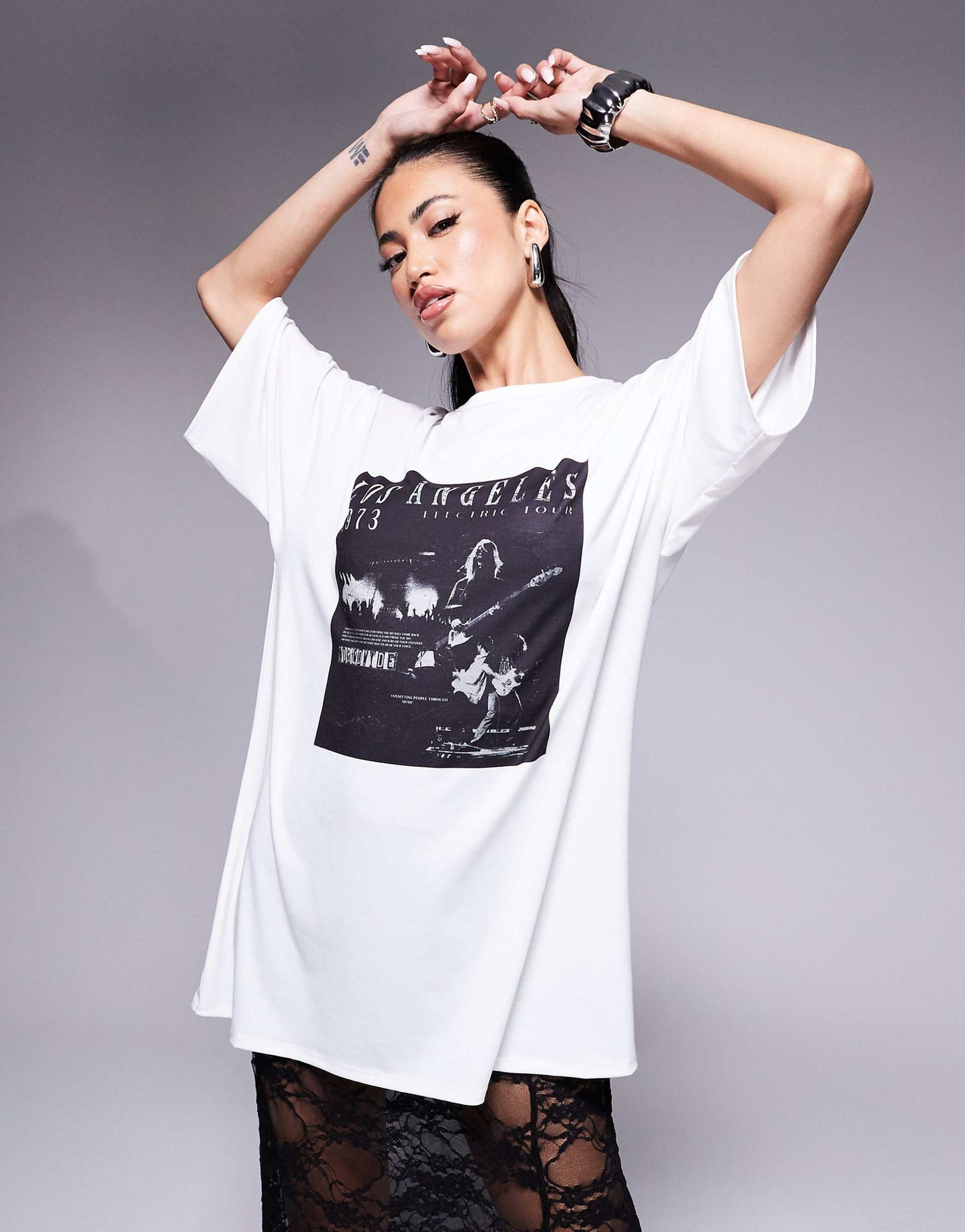 2 in 1 Graphic T Shirt With Lace Midi Dress Skirt