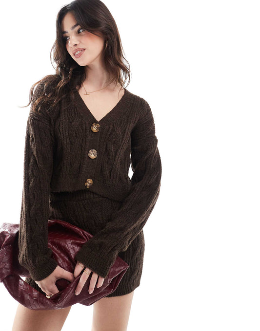 V Neck Relaxed Fit Cable Knit Cardigan Co Ord