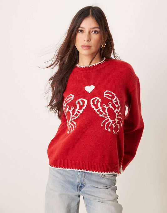 Knitted Lobster Jumper With Blanket Stitch
