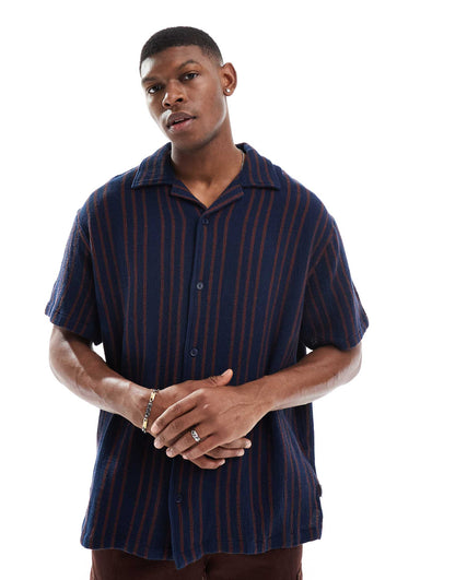 Resort Short Sleeve Relaxed Woven Stripe Cotton Dobby Shirt