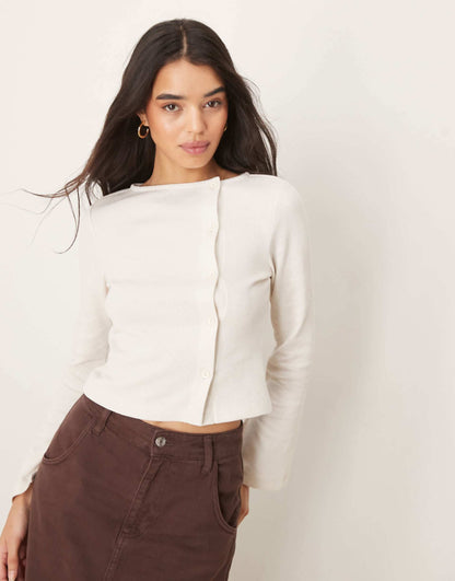 Button Through Flare Sleeve Waffle Top