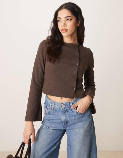 Button Through Flare Sleeve Waffle Top